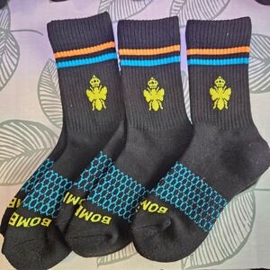Bombas Youth XS Cushion Crew Socks Black Orange Teal Stripe 3 Pair Pack NEW